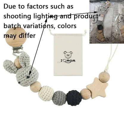 Cartoon Bunny Pacifier Chain Clip Wood Crochet Bear Teething Chain Baby Teether Soother Holder Newborn Chew Toys Pacifier Clips