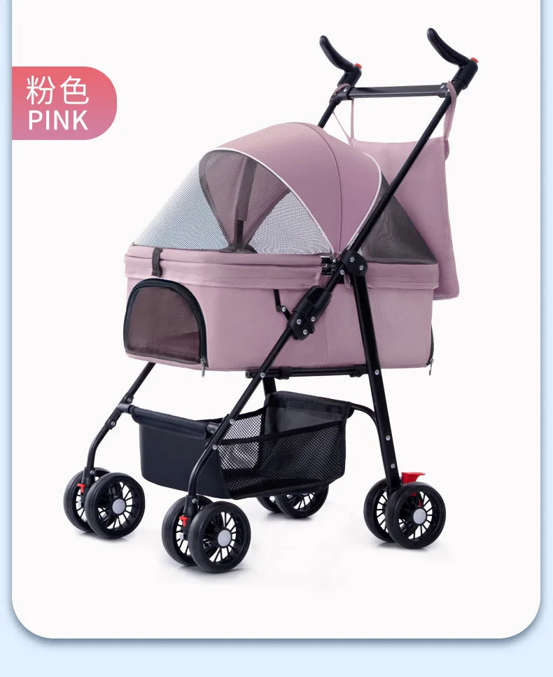 4 Wheel Foldable Pet Stroller Detachable Carrier for Small Dogs Cats, Lightweight Travel Pet Cart with Breathable Mesh