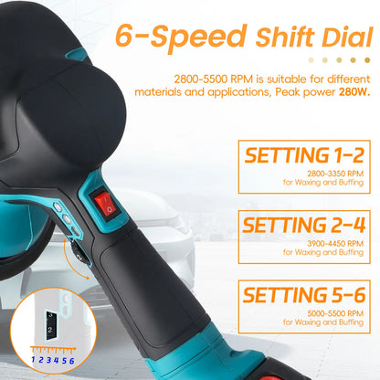 Podofo Car Polisher Waxing Machine 6 Adjustable Speeds with 2*21V Batteries Electric Rechargable Waxing Polishing Tool for Car