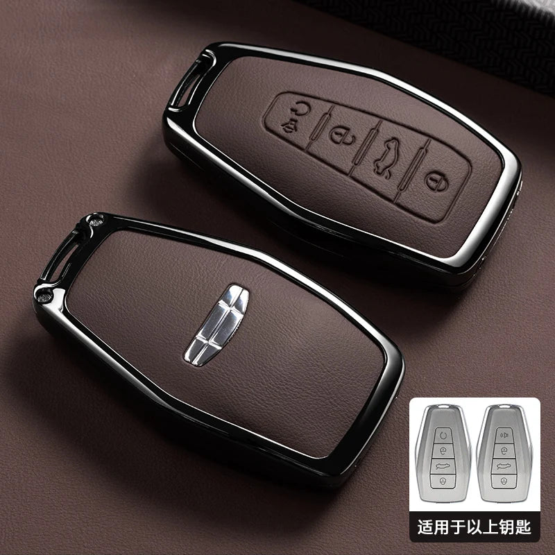 Car Zinc Alloy Leather Key Case Cover Holder Chain For Geely Okavango Coolray Atlas Monjaro Tugella Emgrand GT S Proton X50 X70
