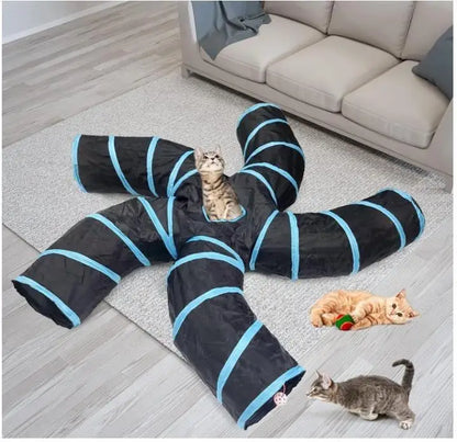 S-Shaped Play Tunnel with 5 Interactive Ways, Crinkle Paper & Peek-Through Holes, Tear-Resistant Polyester Fabric, Spring Steel Frame, Foldable Portable for Cats Rabbits Ferrets, Hiding Chasing Hunting Enrichment Toy, Pet Act