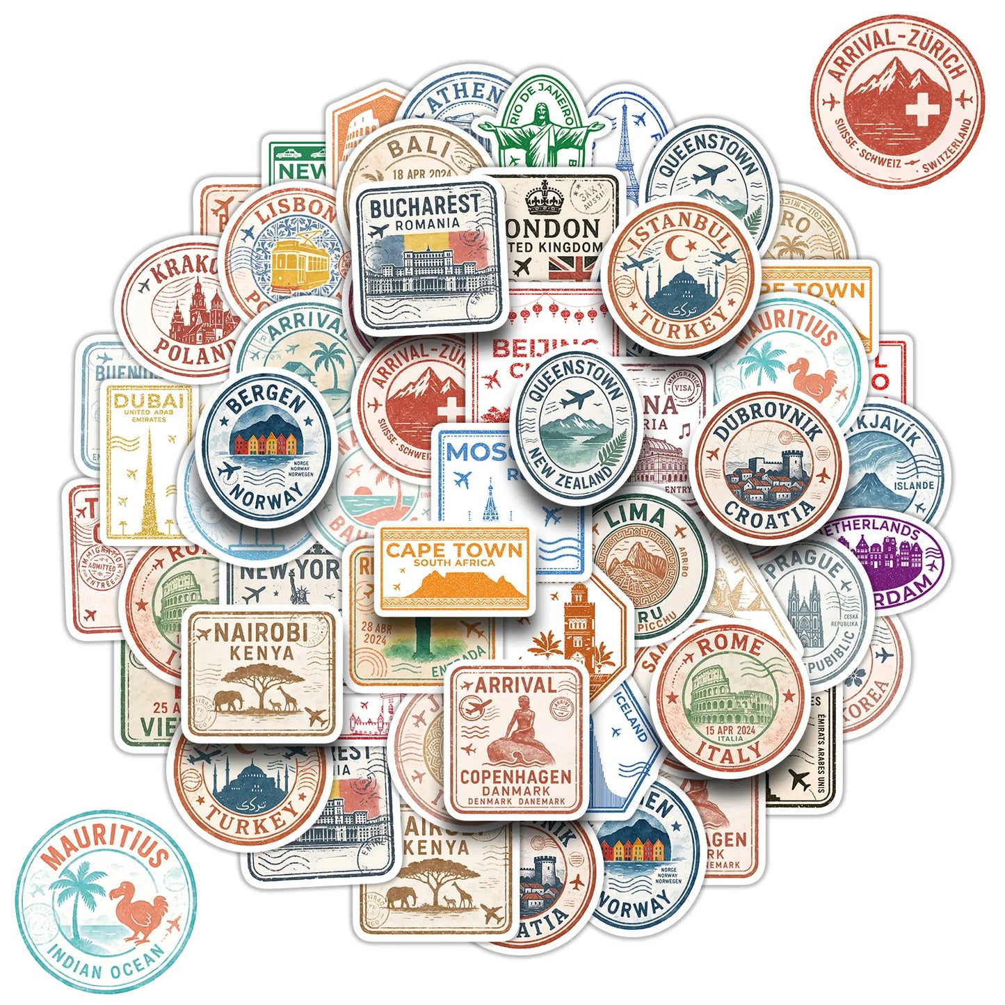 50PCS New Passport Stamp Graffiti Stickers Famous Buildings Travel City Cartoon Decal Laptop Phone Cup Helmet Classic Kid Toys