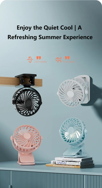 Mini Clip Fan 720°Rotation Built-in Night Lamp USB Rechargeable Powerful Airflow Portable Cooling Fan For Travel Camping Outdoor