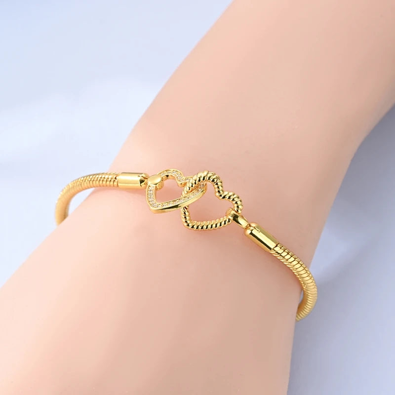 Original Bracelet 925 Sterling Silver Charm Bracelet 17-20CM Golden Heart Love Key Clover Bracelet Bangle Women Jewelry Gift