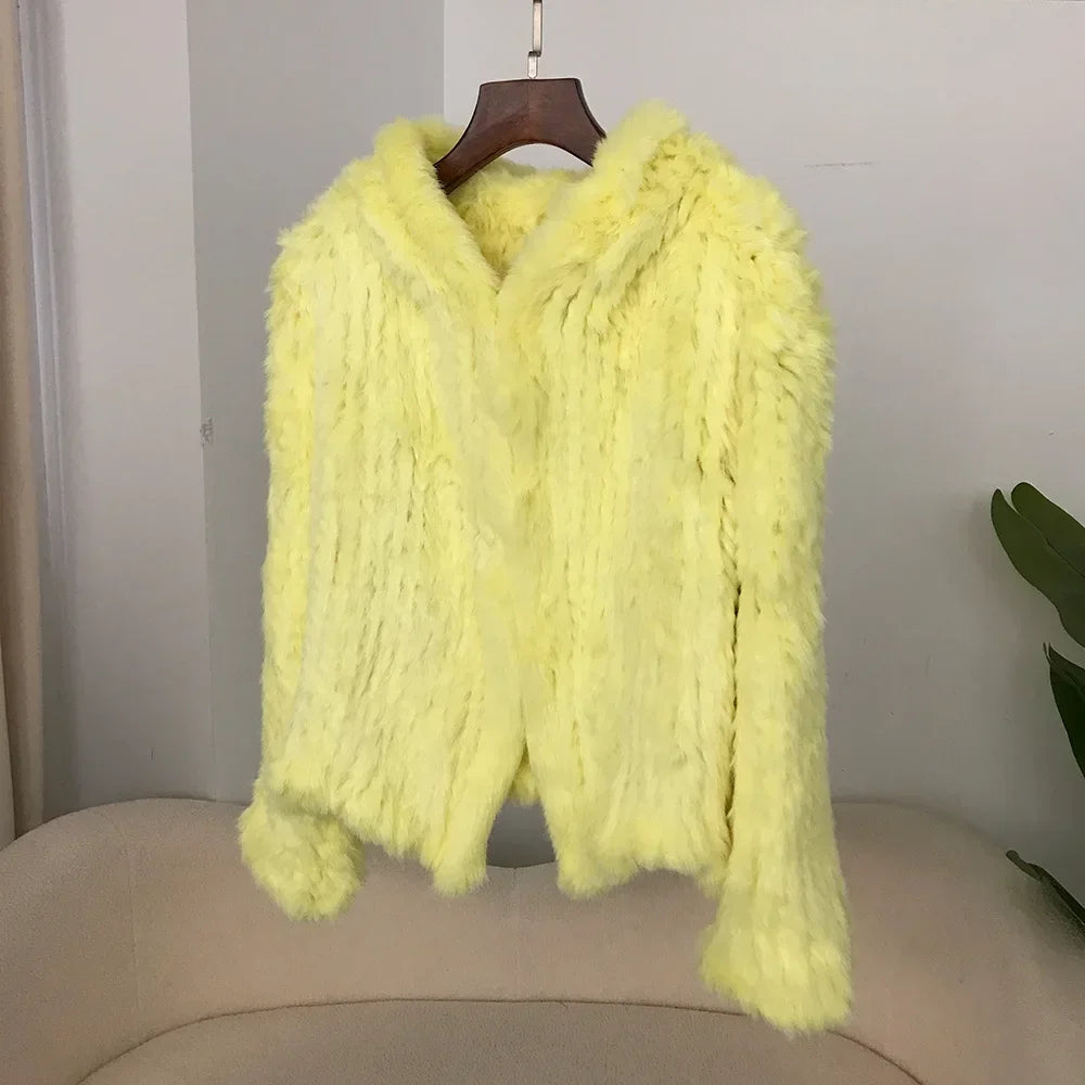 2024 Short Rabbit Fur Coat for Women Autumn Winter New Encrypted Thickened Handmade Double-sided Woven Hooded Korean Style