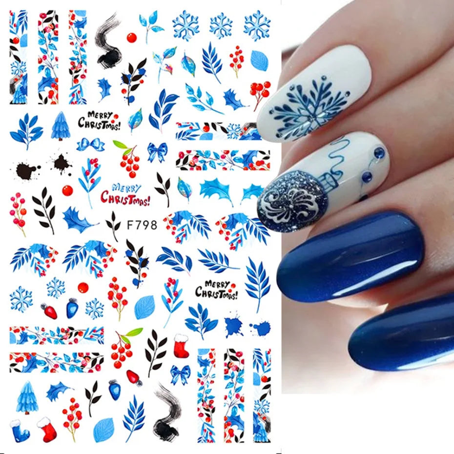 1PCS New Christmas Decorations 2023 New Year Nail Stickers Press on Nails Laser Snowflake Christmas Tree 3D Nail Decal