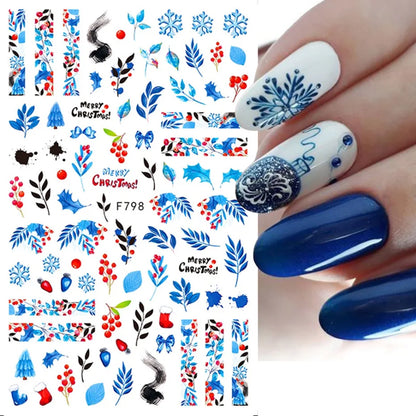 1PCS New Christmas Decorations 2023 New Year Nail Stickers Press on Nails Laser Snowflake Christmas Tree 3D Nail Decal