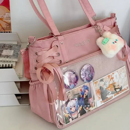 College Style Crossbody Bag with Ribbon Large Capacity for Class Book Carrying Mailman Bag Girls Bow JK Shoulder Ita Bag Handbag