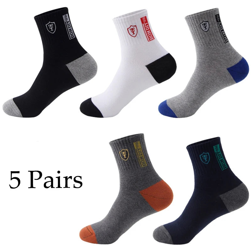 5 Pairs Cotton Sock for Men Sport Breathable Soft Letter Fashion Sneakers High Elastic Middle Tube Stocking Towel Sox Summer