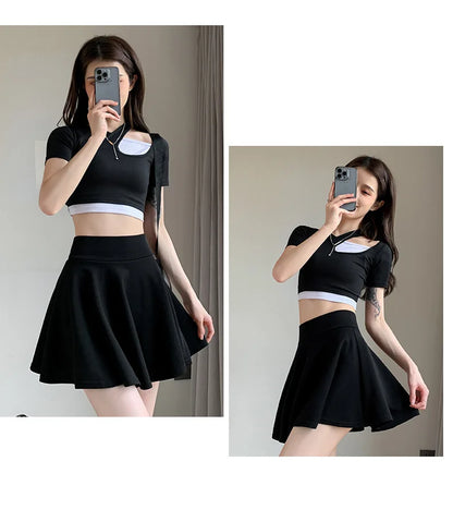 Summer Basic Skirts Women Shorts Mini Elastic Pleated Skirts High Waist Bubble Sun Skirts School Girl Uniform Lined Safety Pants