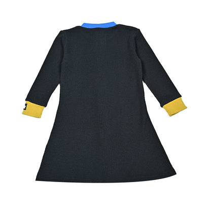 AA-Colorblock Waffle Knit Set Shirt Girl Dress and Baby Romper Contrasted Edges Rib Black Family Clothing Front Buttons Opening