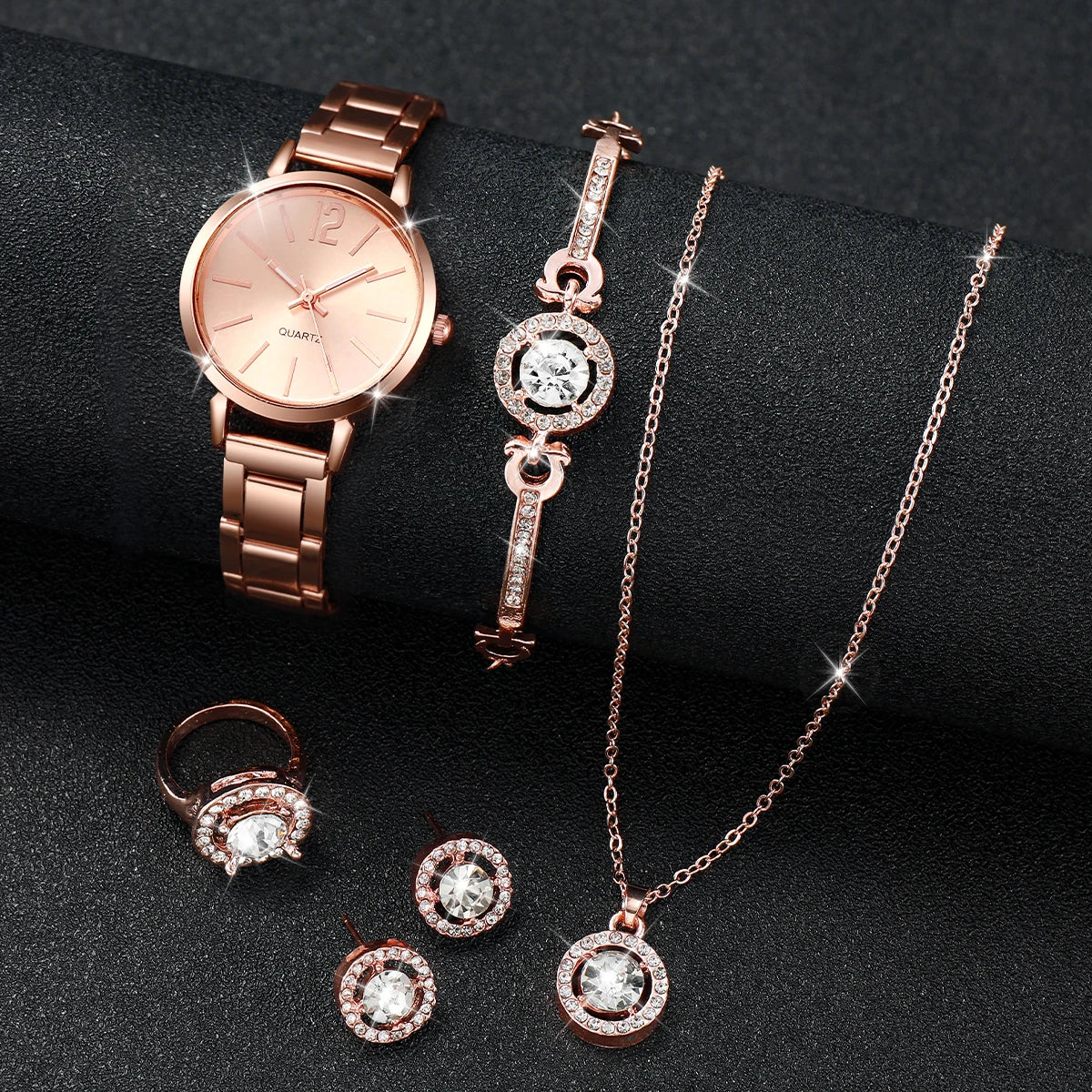 6PCS/Set Fashion Women's Quartz Watch Stainless Steel Band Wrist Watches Diamond Jewelry Set(Without Box)