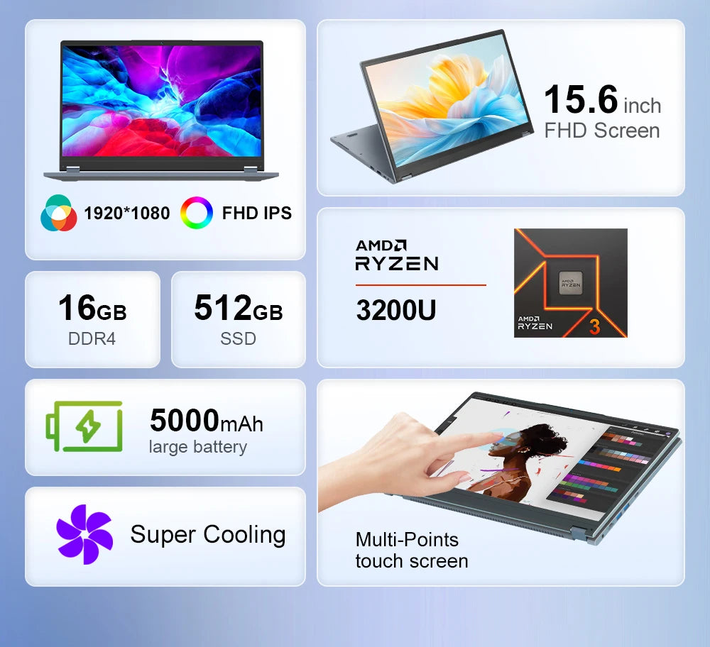 Ninkear YBOOK 15 Laptop 15.6 Inch 360° Flipable Touchscreen 16GB+512GB 2-in-1 Yoga Mode AMD Windows 11 Notebook 360° Flipable