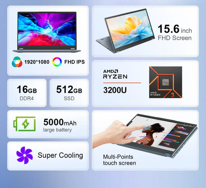 Ninkear YBOOK 15 Laptop 15.6 Inch 360° Flipable Touchscreen 16GB+512GB 2-in-1 Yoga Mode AMD Windows 11 Notebook 360° Flipable