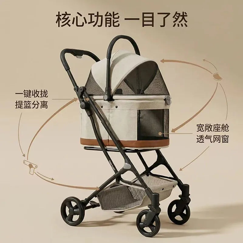 Large Space Detachable Pet Stroller One-Button Fold Portable Travel Cart for Dogs Cats