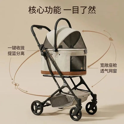 Large Space Detachable Pet Stroller One-Button Fold Portable Travel Cart for Dogs Cats