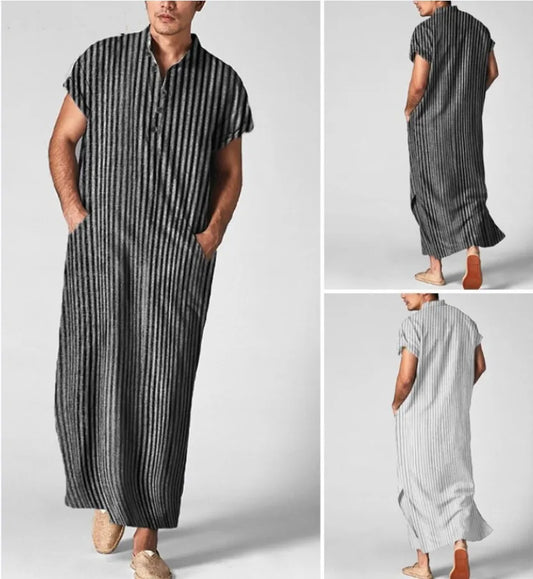 Fashion Men's Islamic Arabic Kaftan Striped Short Sleeve V Neck Casual Pockets Muslim Robes Saudi Arabia Dubai Jubba Thobe robes