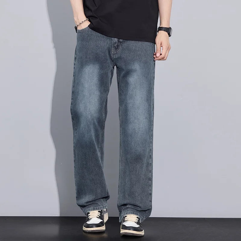 New Arrival American Vintage Wide Leg Elastic Denim Pants for Men Loose Straight Fit Flowy Versatile Casual Pants