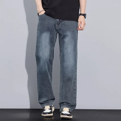 New Arrival American Vintage Wide Leg Elastic Denim Pants for Men Loose Straight Fit Flowy Versatile Casual Pants