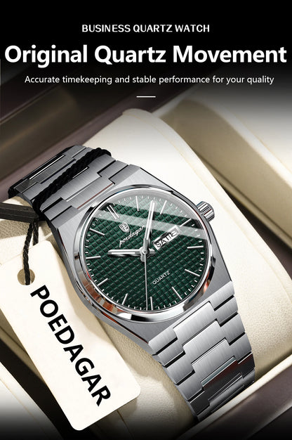 POEDAGAR Luxury Original Man Watch Waterproof Stainless Steel Luminous Men's Wristwatch Date Week Quartz Fashion Watches For Men