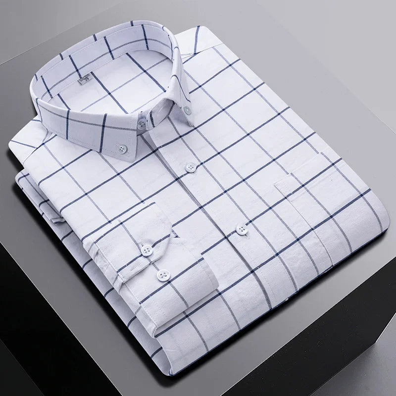 New In Shirt Oversize Long-Sleeve 100%Cotton Shirts for Men Slim Fit Formal Plain Shirt Plaid Casual Tops Designer Black Clothes
