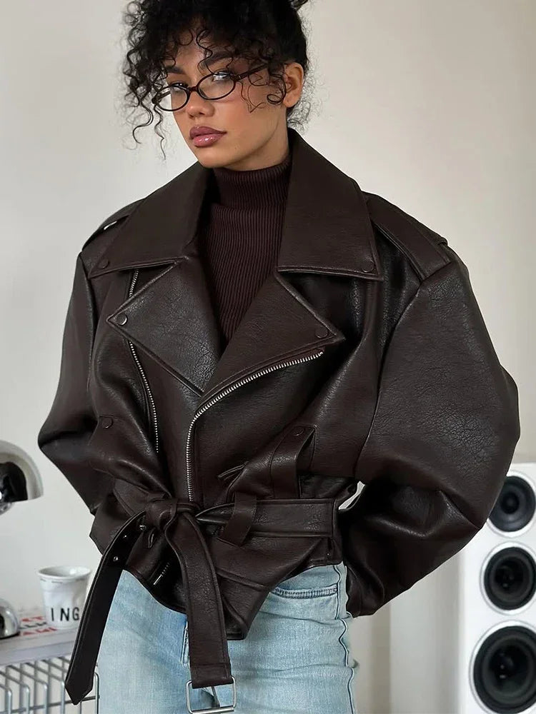 Retro Brown Lace Up Lapel Leather Jacket Women Fashion Zipper Pocket Full Sleeve Short Coat 2025 New Autumn High Street Outwears