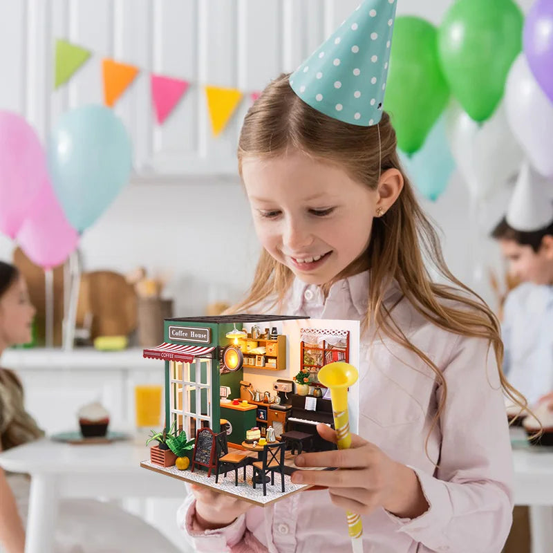 DIY 3D Puzzles Wooden Toy Miniature Dollhouse Handmade Doll House Model Building Kits Coffee House Toys For Xmas Gifts