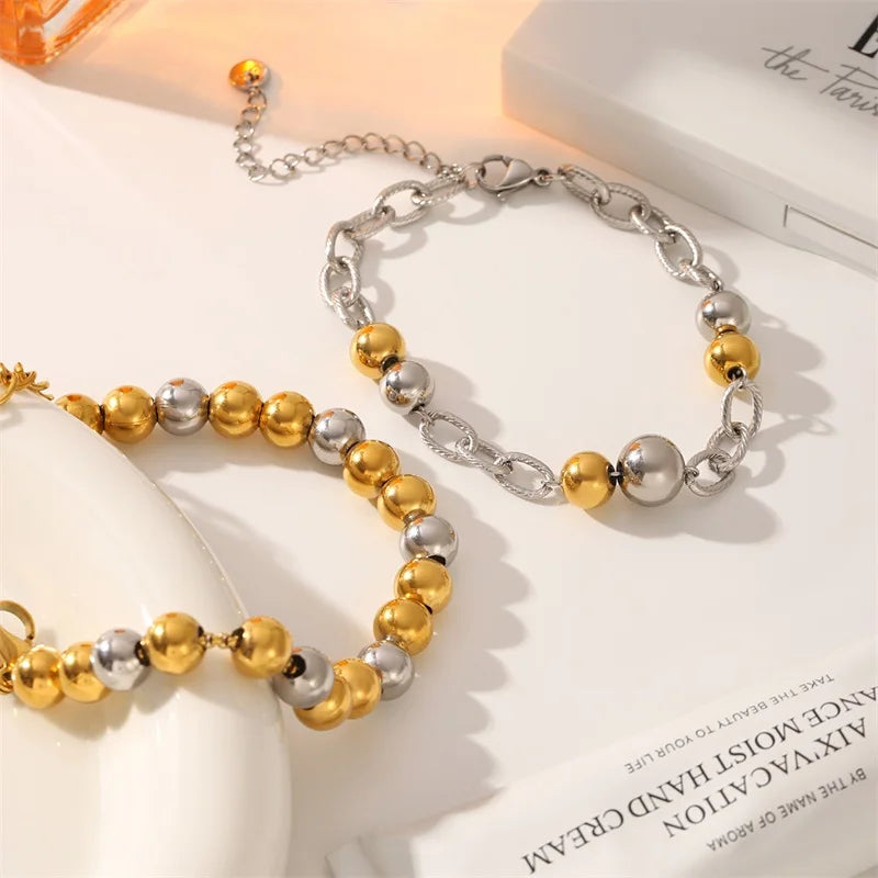 GANPUP 316L Stainless Steel Metal Beads Charms Bracelet Bangle for Women Texture Trendy Wrist Chain Jewelry Gift Bijoux Femme