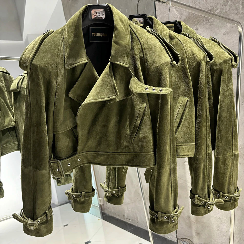 YOLOAgain Wide Shoulder Real Leather Jacket Women Oversized Genuine Leather Cropped Jacket