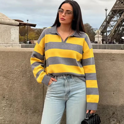 Sweater knitted Pullover Women's Spring 2026 New Fashion Striped Loose Polo neck Warm Women Sweater Chic Youth Holiday Pullover