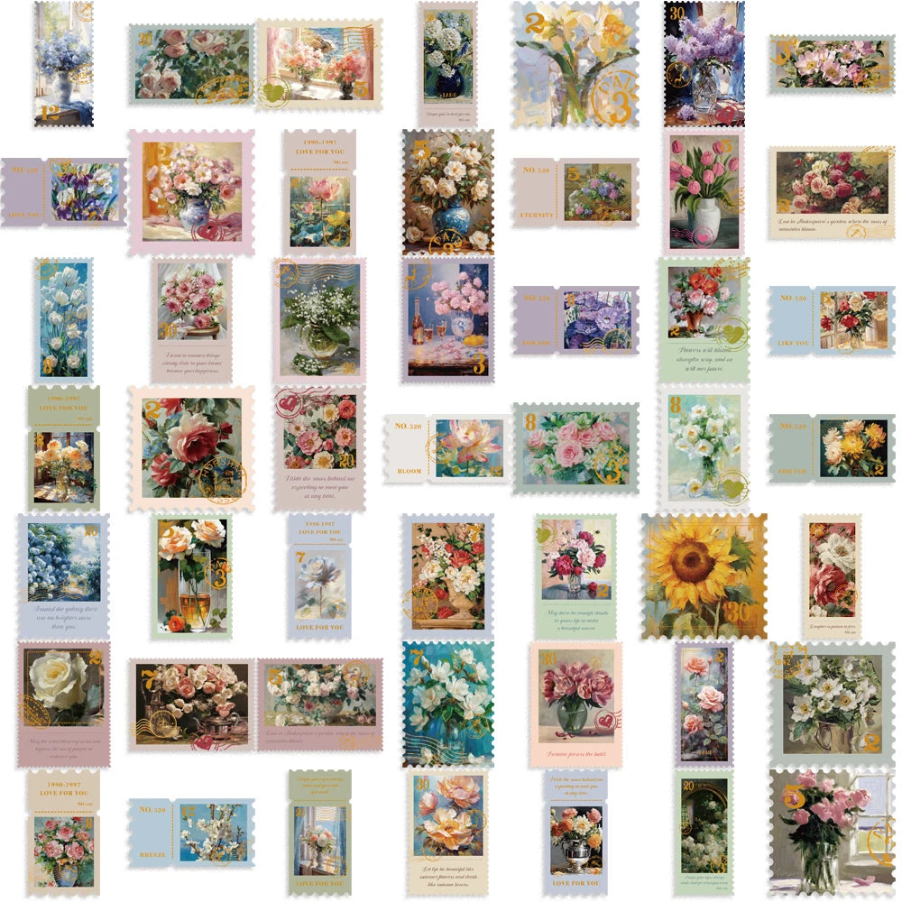 50Pcs Retro Flower Stamps Aesthetic Stickers Graffiti Decals for Scrapbooking Notebook Travel Luggage Bike Phone Sticker﻿