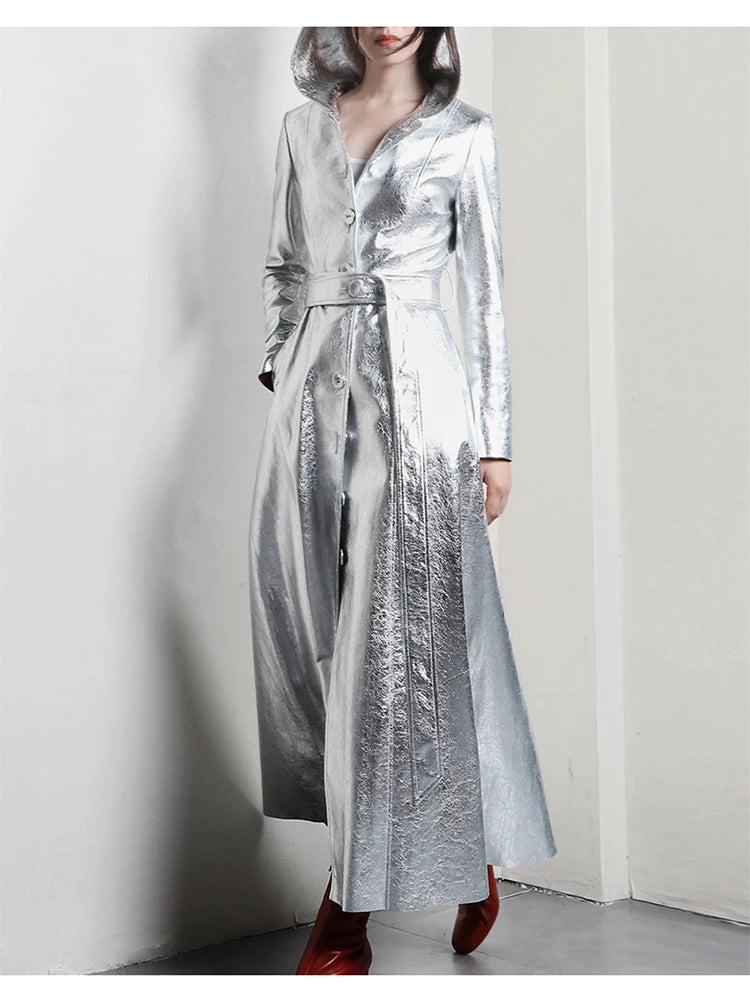 Lautaro Spring Autumn Extra Long Cool Silver Shiny Reflective Pu Leather Trench Coat for Women with Hood Luxury Runway Fashion