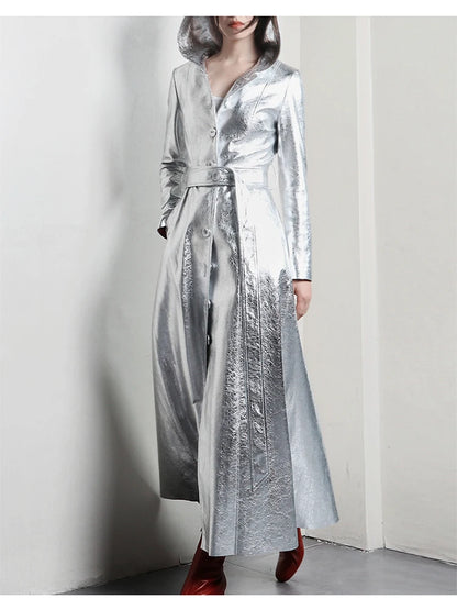 Lautaro Spring Autumn Extra Long Cool Silver Shiny Reflective Pu Leather Trench Coat for Women with Hood Luxury Runway Fashion