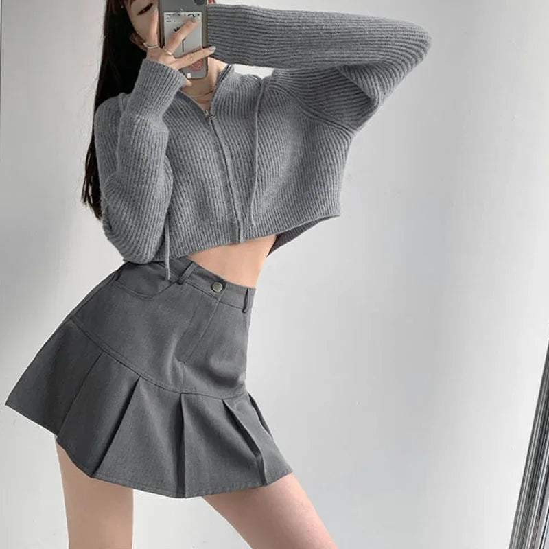 Y2K Vintage High Waist Pleated Skirt Women College Style Uniforms Safety Pants Mini Skirts Woman Korean Street Slim A-Line Skirt