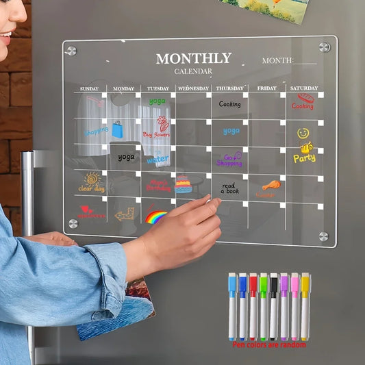 Magnetic Acrylic Dry-Erase Calendar-Clear Planner for Fridge, Ideal Kitchen Organizer for Home & Office with Marker Pen Included