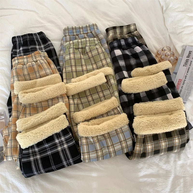 JMPRS Fashion Warm Plush Pants Thick Plaid Women Casual Loose Wide Leg Trousers Korean Streetwear Straight Student Pants New