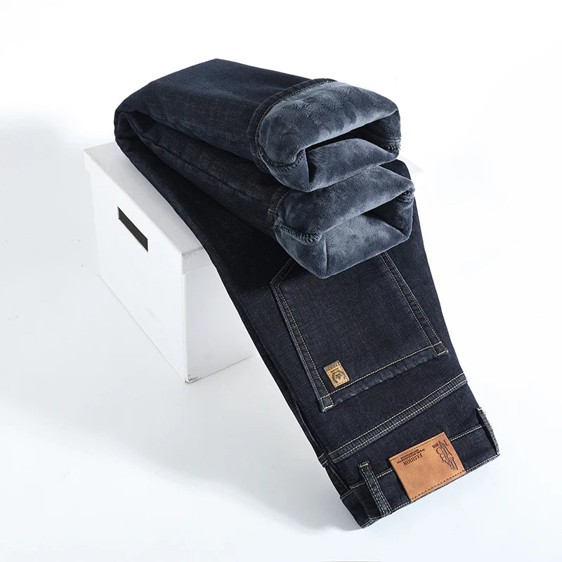 Winter Warm Fleece Jeans Men's Thick Thermal Casual Straight Denim Pants Male Business Work Stretch Trousers New Clothing