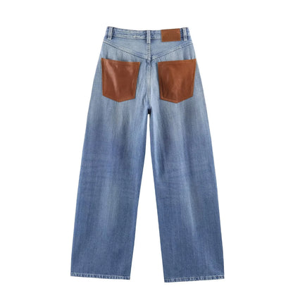 Female Vintage Leather Pocket Jeans Women Blue Zipper Straight Loose Trousers Lady New Fashion Daily Casual Spring Pants 2026