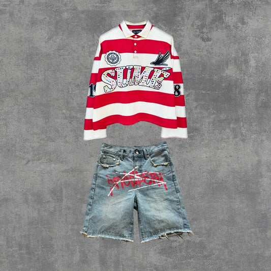 2 Pcs Shirts Co-ords Sume Rugby Diamond Embroidery Stripe Polo Shirt Y2K Retro Classic Unisex Oversized Long Sleeved Shirts Sets