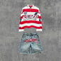 2 Pcs Shirts Co-ords Sume Rugby Diamond Embroidery Stripe Polo Shirt Y2K Retro Classic Unisex Oversized Long Sleeved Shirts Sets