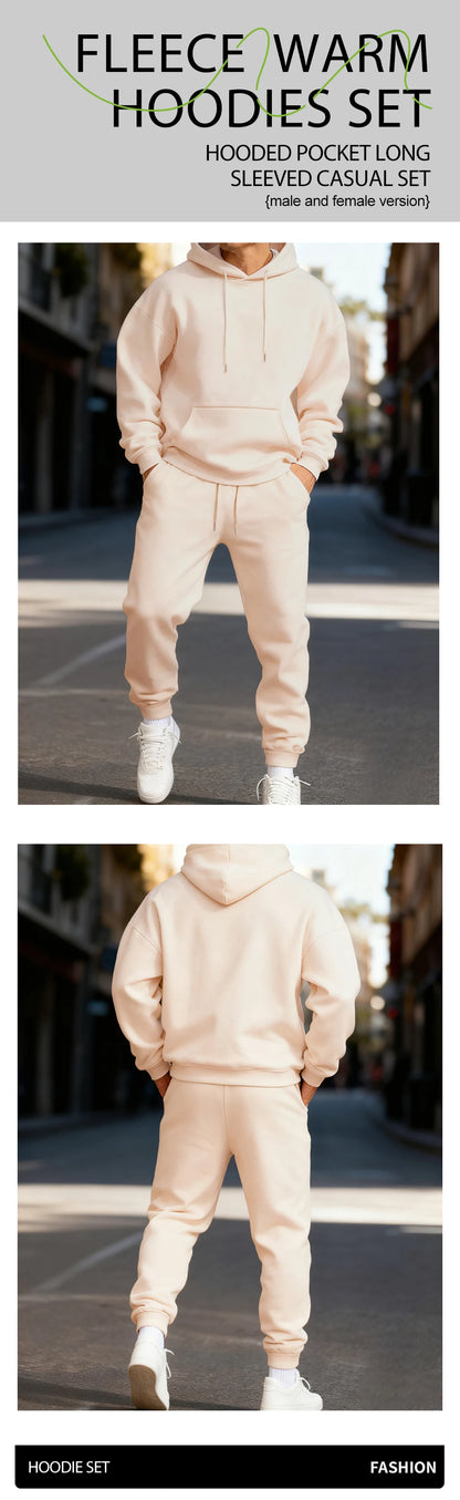 Man's Hoodie Set Winter Solid Color Two Pices Sets Long-Length Street Clothes Casual Sports Sweatpant Hoody Unisex Fashion Suit