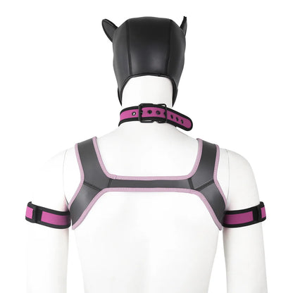 Large Size Puppy Cosplay Neoprene Fetish Hood Mask Kit with Chest Strap Collar Armband Sex Costumes for Bdsm Slave Role Play