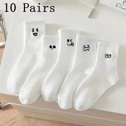 5/10/20 Pairs Men White Cartoon Socks Trendy Versatile Expression Socks With Simple Soft Breathable Comfortable Casual Socks