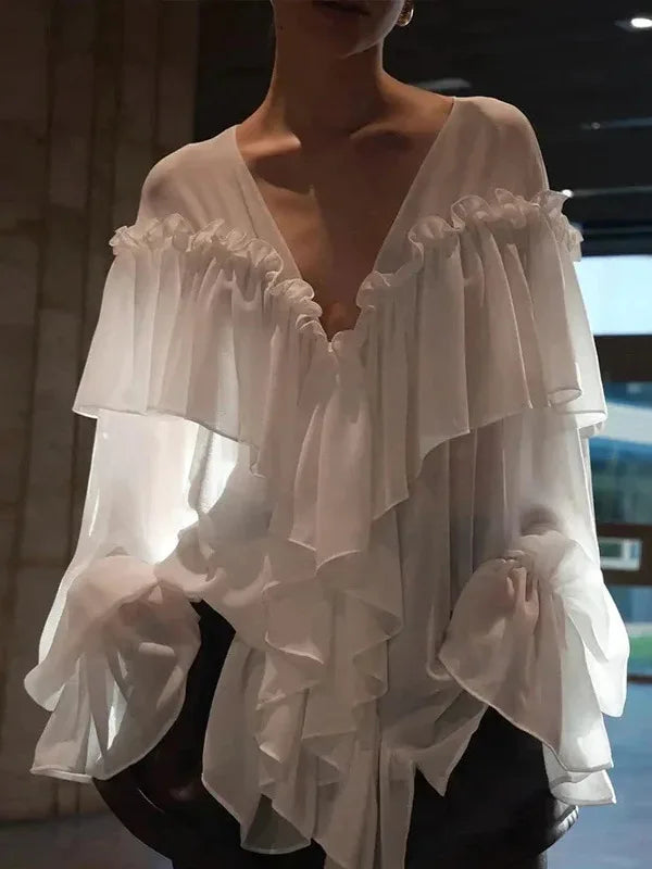 Sexy See-through Chiffon Top V-neck Long Sleeve Beach Party Shirt Trans-seasonal Women's Low Cut Shirt Ruffle Solid Color Tops