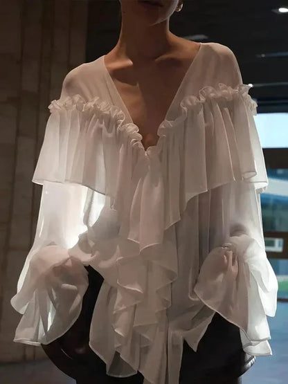 Sexy See-through Chiffon Top V-neck Long Sleeve Beach Party Shirt Trans-seasonal Women's Low Cut Shirt Ruffle Solid Color Tops