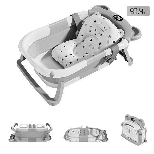 Collapsible Baby Bathtub for Newborn with Thermometer &1Soft Floating Cushion,Portable Travel Bathtub with Drain Hole,Baby Tubs