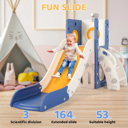 3-in-1 Toddler Slide Climber Playset, Freestanding Slide for Kids Indoor Outdoor Toy W/ Telescope, Tunnel, Basketball Hoop, Ball