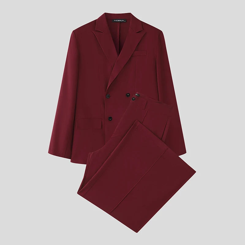 INCERUN Men Sets Solid Color Double Breasted Long Sleeve Blazer & Pants Two Pieces Sets Streetwear Fashion Casual Men's Suits