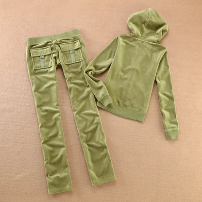 Solid Color Velvet Tracksuit 2025 Women's Zipper Top and Pants Suit Two-Piece Set