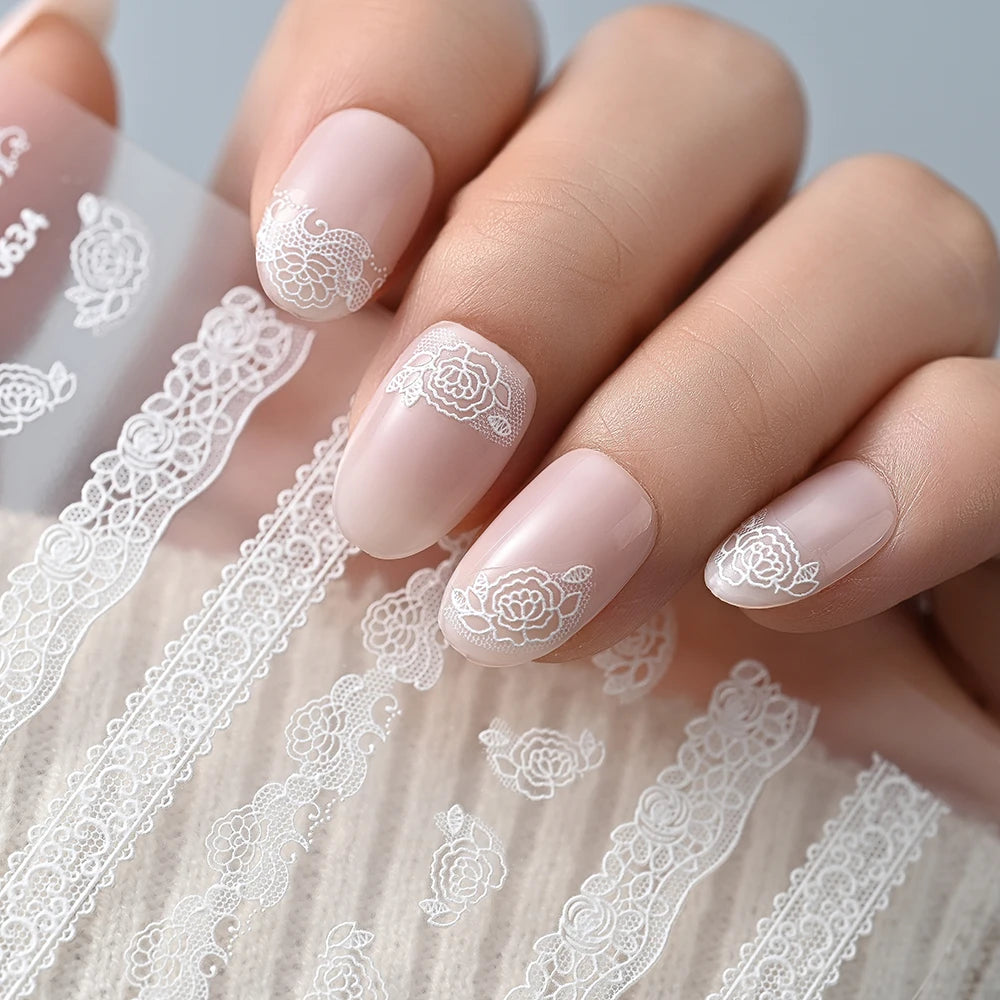 2pcs Y2K White Lace 5D Nail Art Stickers White Embossed Flowers Petals Elegant French Decals Wedding Nails Manicure Decorations*